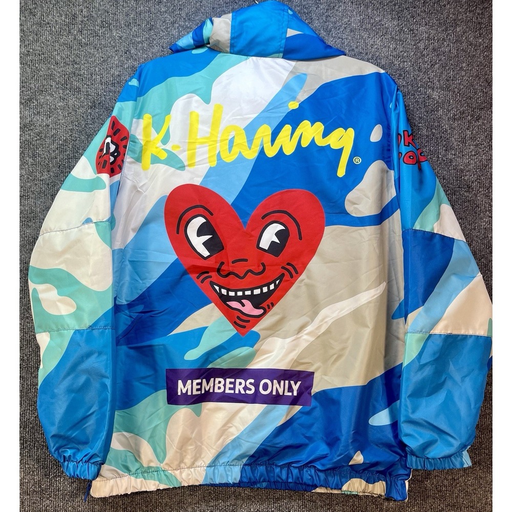 Members Only Keith Haring Camo Windbreaker Hooded‎ Jacket Toyko Pop Size Medium